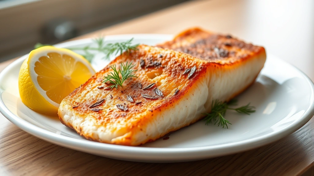 hero: golden-brown fried salmon fillets on white plate, lemon wedges and fresh dill garnish, natural window light from left, shallow depth of field, food photography style