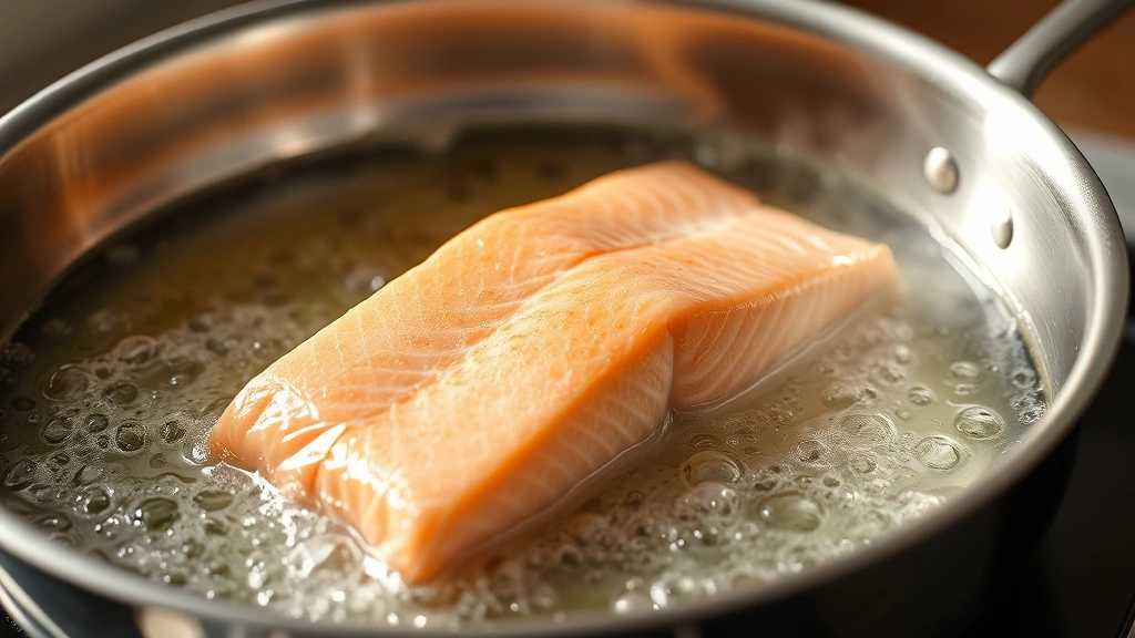 process: salmon fillet being placed into bubbling hot oil in stainless steel skillet, oil at 350 degrees, close-up action shot, steam rising, natural kitchen light