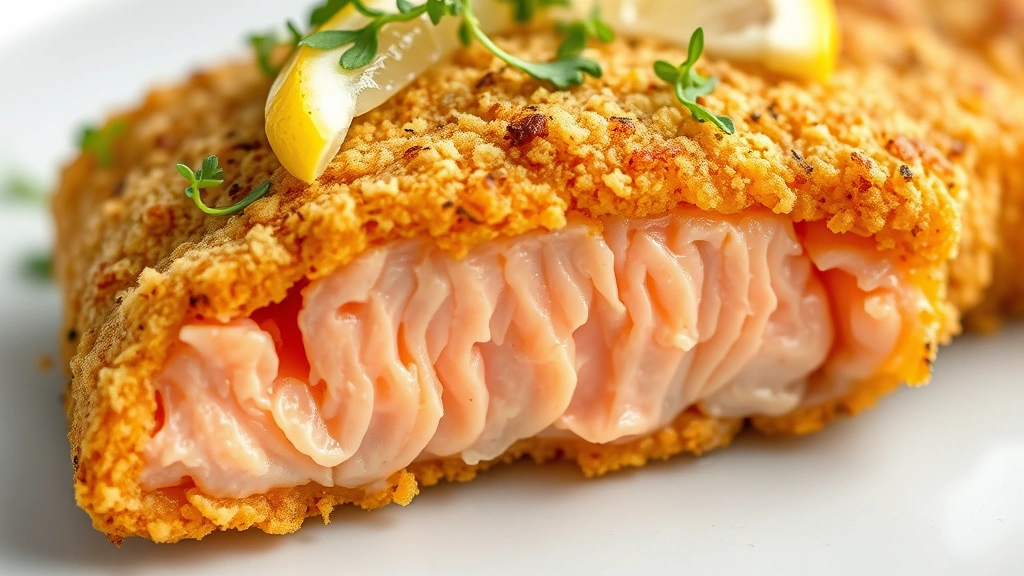 detail: cross-section of crispy fried salmon showing golden panko crust and perfectly cooked pink interior, flaking texture visible, garnished with microgreens and lemon, macro photography style