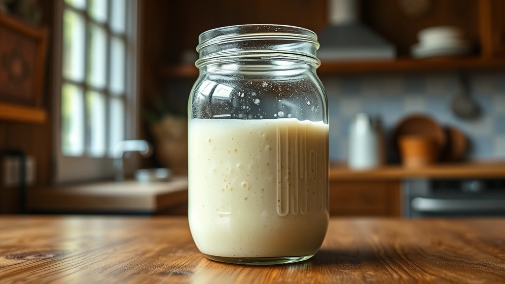 hero: glass jar filled with bubbling cream-colored friendship bread starter on a wooden surface, soft natural window light, rustic kitchen background, no text visible