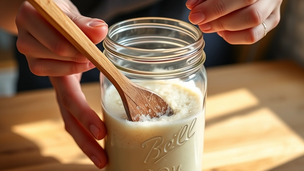process: close-up of wooden spoon stirring bubbly friendship bread starter in glass jar, hands visible, natural daylight, kitchen counter setting, no text