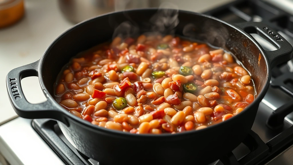 process: cast iron pot with bubbling beans and chorizo mixture on stovetop, steam rising, ingredients visible including bacon and jalapeños, natural kitchen lighting, side angle shot, no text or watermarks