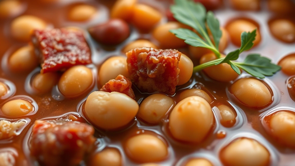 detail: close-up macro shot of individual pinto beans in savory broth with chorizo pieces and bacon bits, shallow depth of field, natural studio lighting, no text or watermarks