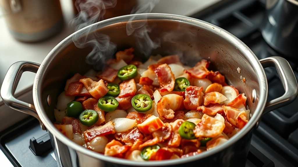 process: cooking bacon and onions in heavy pot with jalapeños, steam rising, golden-brown bacon visible, natural kitchen lighting, photorealistic, no text or watermarks