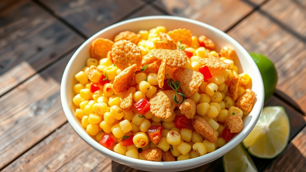 hero: vibrant Frito corn salad in a white ceramic bowl, fresh corn kernels visible with crispy Fritos on top, red bell pepper pieces scattered throughout, lime wedges beside the bowl, natural sunlight streaming across a rustic wooden table, no text