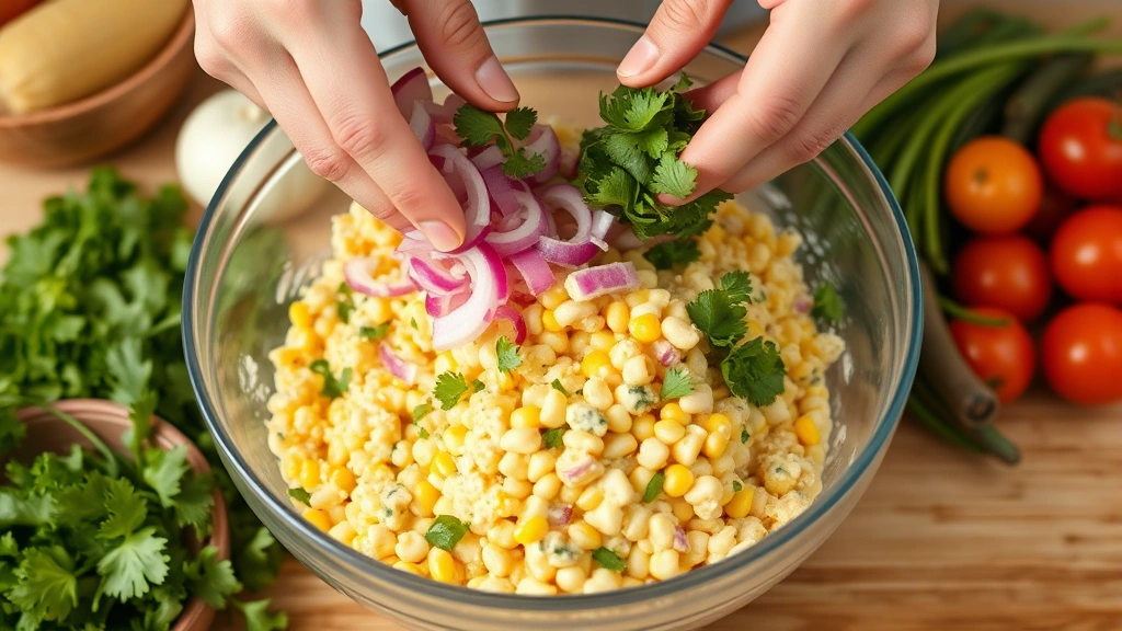process: hands gently folding red onions and cilantro into creamy corn salad mixture in a large glass bowl, fresh ingredients arranged nearby, natural kitchen lighting, no text
