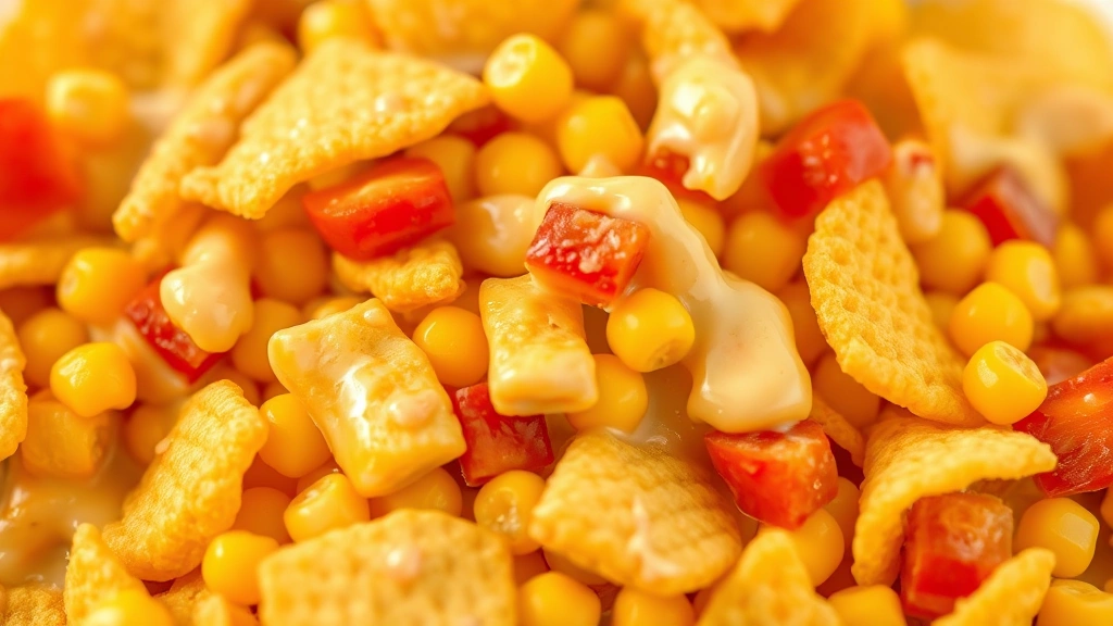 detail: close-up of individual Fritos corn chips mixed with golden corn kernels and red bell pepper pieces, creamy dressing coating everything, shallow depth of field showing texture and crunch, natural light, no text