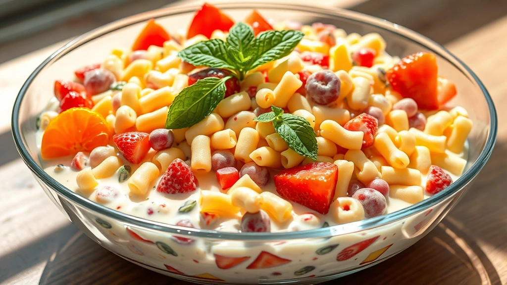 hero: Frog Eye Salad in a large clear glass bowl, showing creamy white base with colorful fruit and tiny pasta pieces visible throughout, fresh strawberries, grapes, and mandarin oranges peeking through, garnished with fresh mint leaves, natural daylight streaming across, no text or watermarks