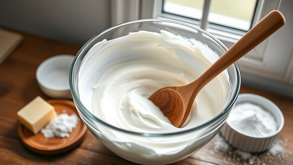 hero: fluffy white buttercream frosting in glass bowl with wooden spoon, smooth peaks visible, natural window light, minimalist background, fresh butter and powdered sugar nearby