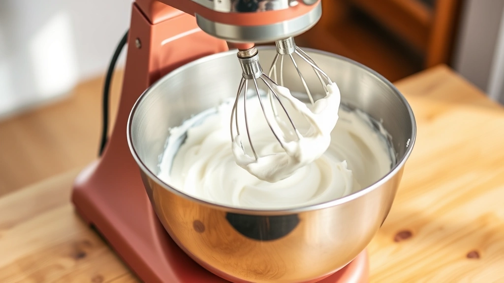 process: electric mixer beating pale fluffy frosting in stainless steel bowl, mid-mixing action, natural daylight, soft focus background, wooden table surface