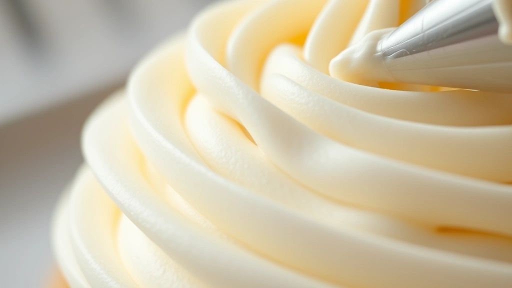 detail: close-up of frosting texture showing smooth creamy peaks and swirls, piping bag with frosting detail visible, macro photography, natural light, cream and white tones