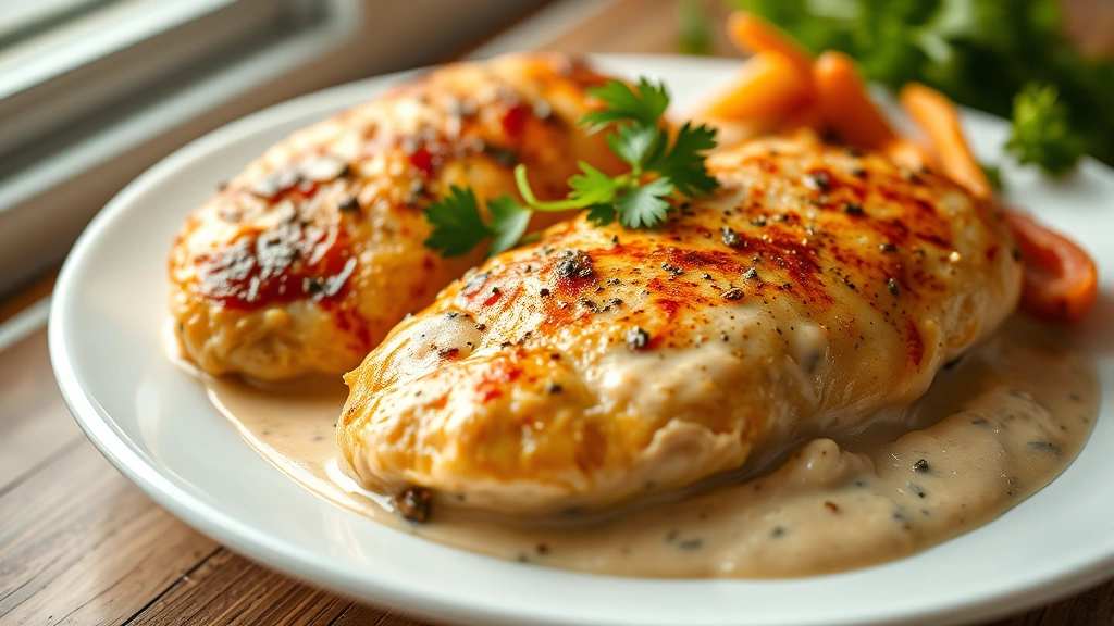 hero: golden-brown frozen chicken breasts in creamy sauce on white plate, garnished with fresh parsley, natural window light, professional food photography, shallow depth of field