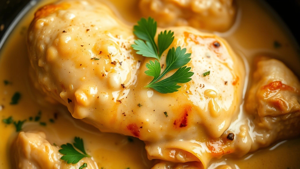 detail: close-up of creamy pan sauce with chicken, showing rich color and texture, fresh parsley garnish, soft natural light, macro food photography