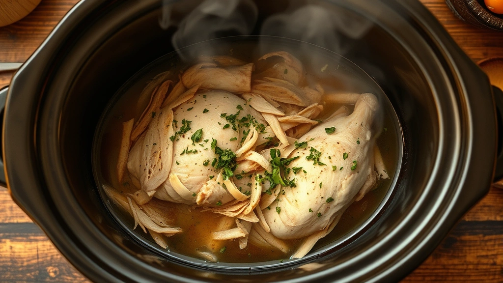 hero: shredded frozen chicken in crock pot with herbs and broth, steam rising, warm golden lighting, overhead angle, rustic kitchen setting, no text