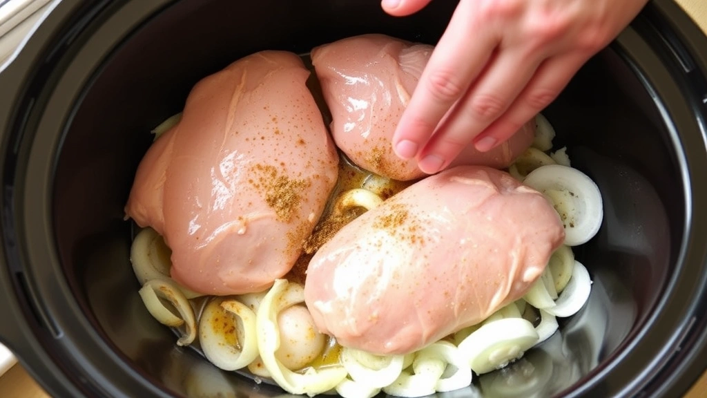 process: frozen chicken breasts being placed into slow cooker with sliced onions and seasonings, hands visible, natural daylight from window, no text