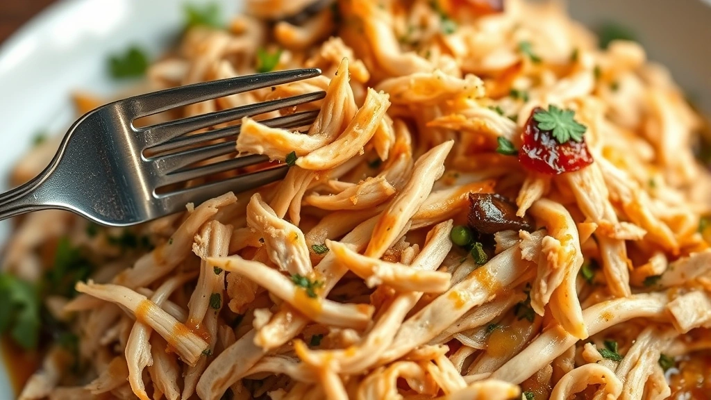 detail: close-up of perfectly shredded tender chicken with herbs and sauce, fork in chicken, shallow depth of field, warm natural light, no text