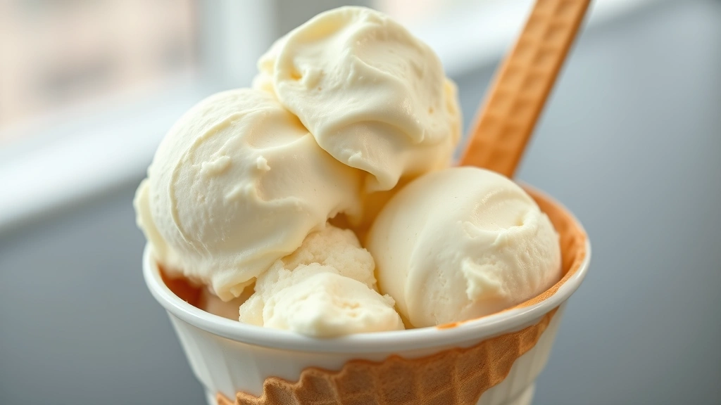 hero: scoops of creamy vanilla frozen custard in a bowl with a waffle cone, photorealistic, natural daylight, shallow depth of field, no text