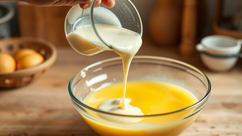 process: hand pouring hot cream into whisked egg yolks, photorealistic, warm kitchen lighting, in-action shot, no text