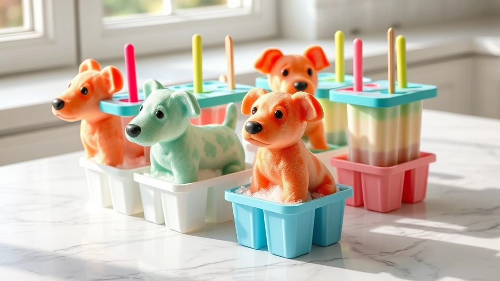 hero: colorful frozen dog treats in various molds, popsicle sticks, yogurt mixture, photorealistic, natural bright daylight through window, appetizing presentation on marble countertop, no text