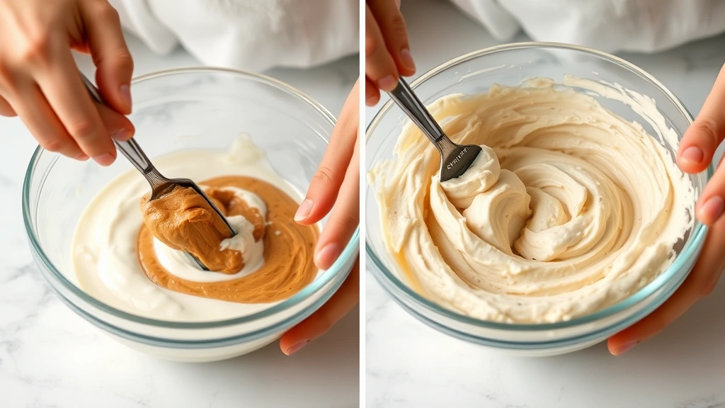 process: hands mixing yogurt and peanut butter in glass bowl, banana mashing, frosting-like texture, photorealistic, soft natural kitchen lighting, action shot, no text