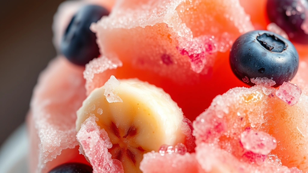 detail: close-up of vibrant frozen treat with visible banana pieces and blueberries, frost crystals on surface, water droplets, photorealistic macro photography, bright natural light, no text