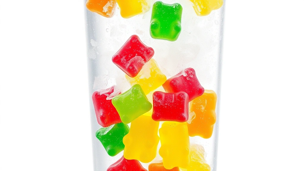hero: tall glass filled with partially frozen Sprite containing colorful gummy bears throughout, ice crystals visible, condensation on glass exterior, natural daylight streaming through, vibrant colors of bears contrasting with clear liquid, shot against white or light background, photorealistic, no text