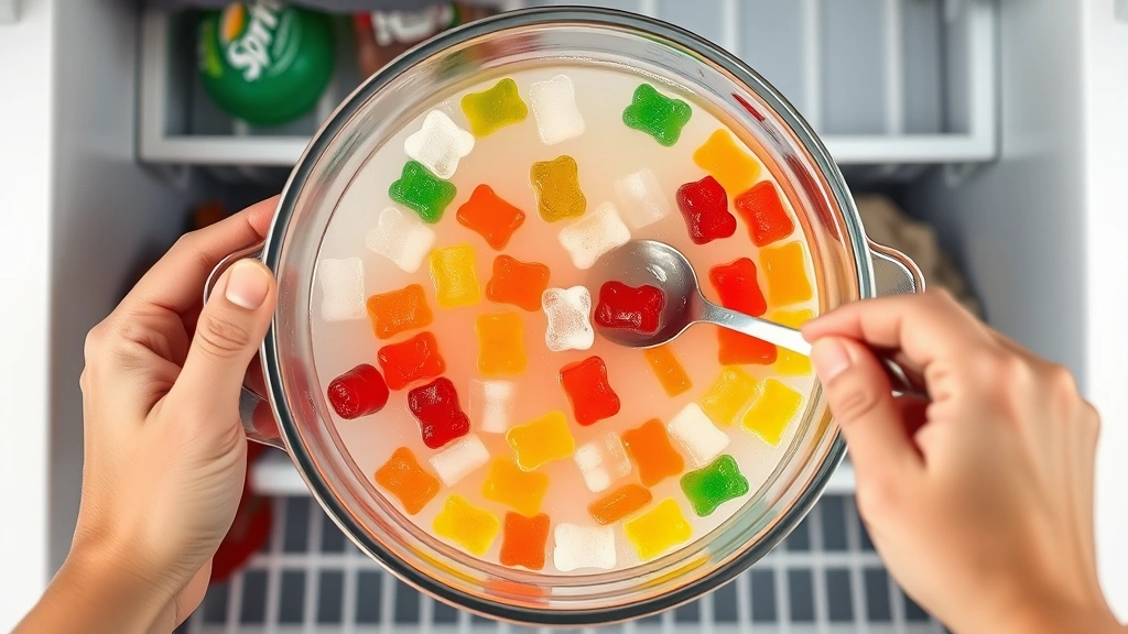 process: overhead shot of large clear container with Sprite and gummy bears at various stages of freezing, some bears suspended in liquid, some frozen, hand with spoon stirring mixture, freezer shelf visible, photorealistic, natural lighting, no text