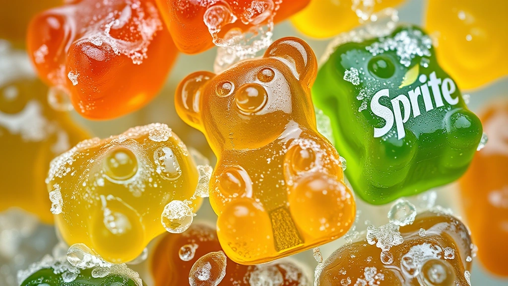 detail: extreme close-up of individual gummy bears partially suspended in frozen Sprite, ice crystals forming around bears, carbonation bubbles visible, shallow depth of field, macro photography style, photorealistic, natural light, no text