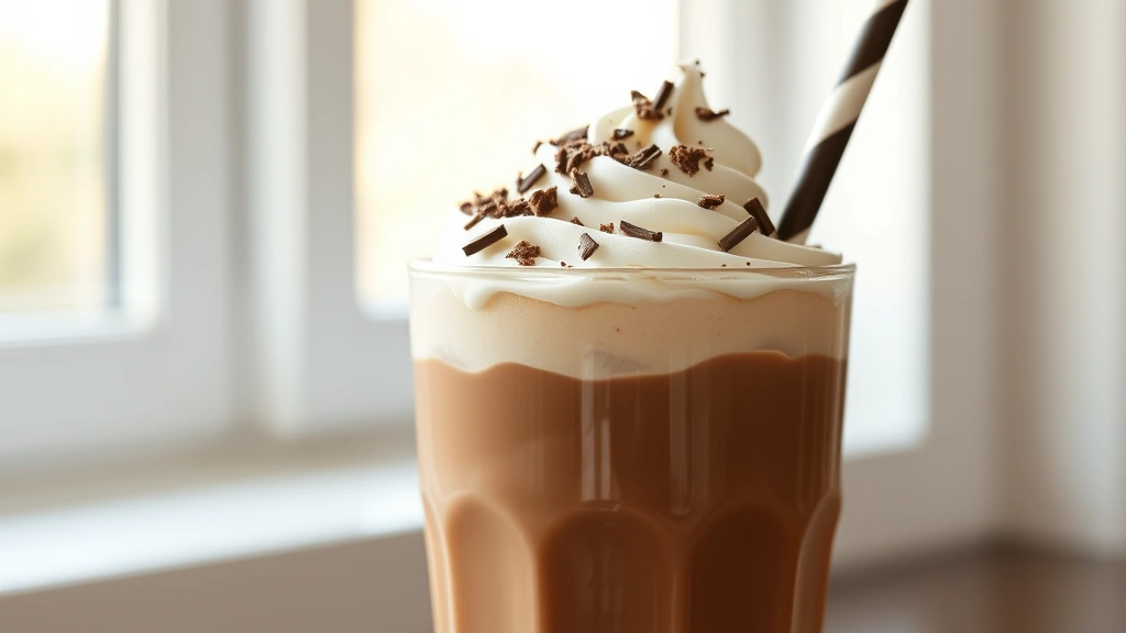 hero: tall glass filled with cold chocolate milk topped with fluffy whipped chocolate cream and chocolate shavings, garnished with chocolate straw, photorealistic, natural daylight streaming through window, no text, creamy texture visible