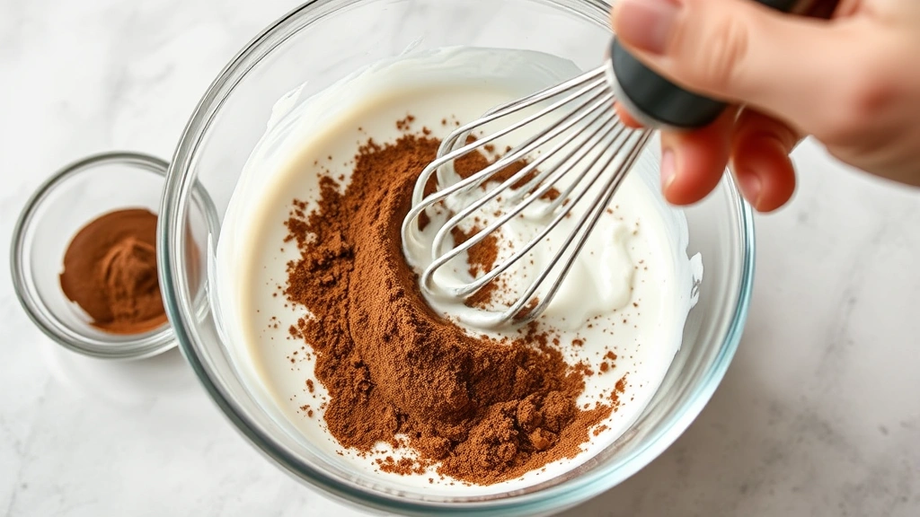 process: hand whisking heavy cream and cocoa powder in glass bowl until stiff peaks form, photorealistic, natural kitchen light, no text, showing whipped texture developing