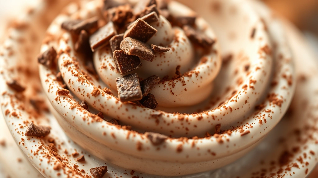 detail: close-up macro shot of whipped chocolate cream with cocoa powder dusting and chocolate shavings on top, photorealistic, natural light highlighting texture and depth, no text