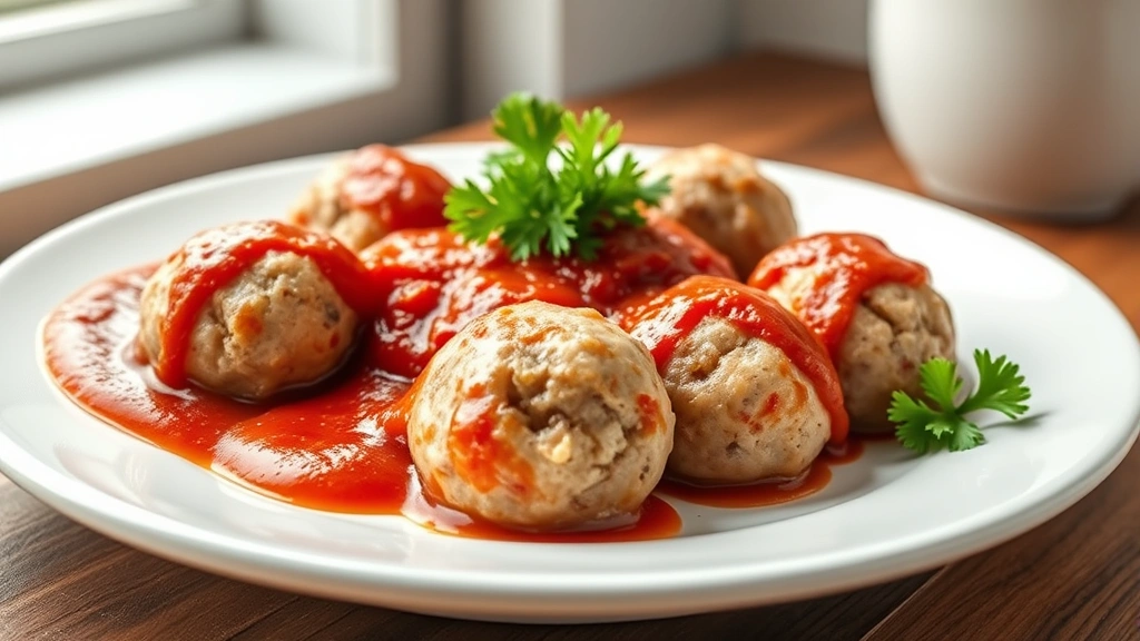 hero: finished frozen meatballs on white plate with Italian parsley garnish and marinara sauce, photorealistic, natural window light from left, shallow depth of field, no text