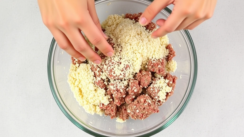 process: hands gently mixing ground meat with breadcrumb mixture in glass bowl, photorealistic, overhead angle, natural kitchen light, no text