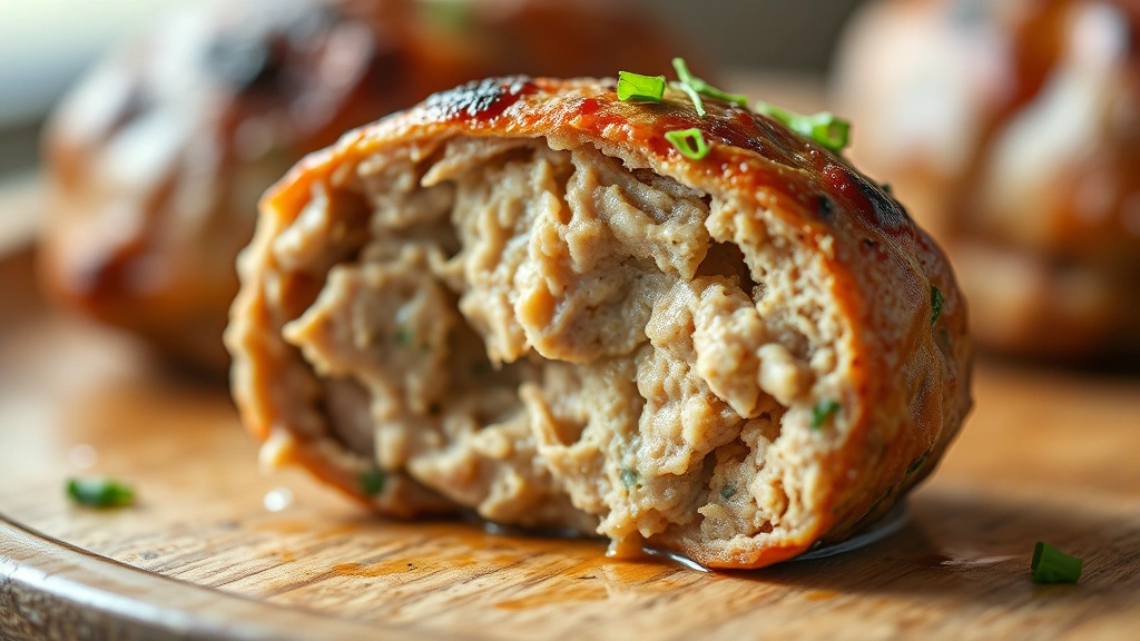 detail: close-up of single cooked meatball cut in half showing tender interior, photorealistic, macro photography, warm natural light, no text
