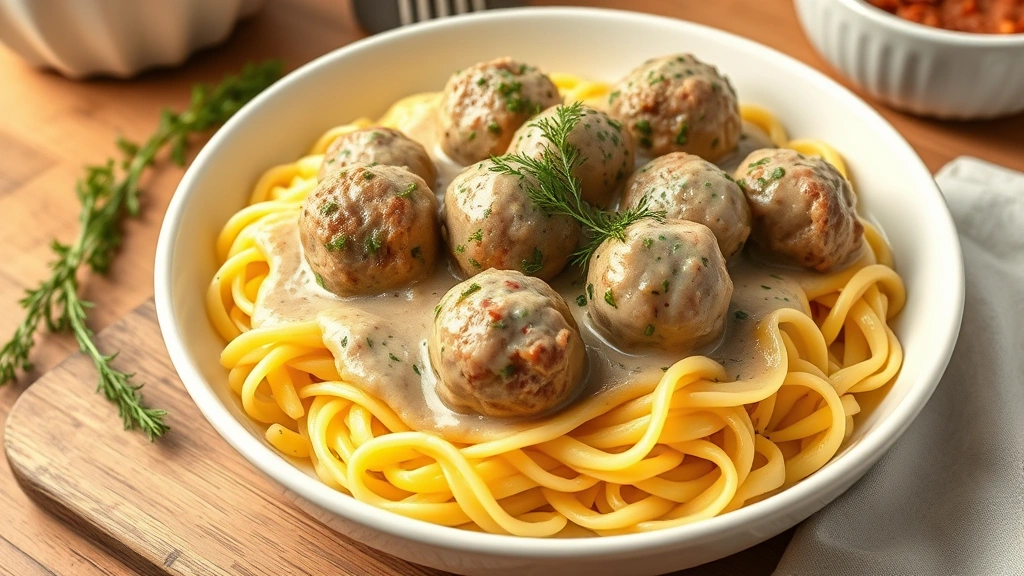 hero: Swedish meatballs in creamy sauce over egg noodles, garnished with fresh parsley and dill, served in a white bowl on a farmhouse table, photorealistic, warm natural light, no text