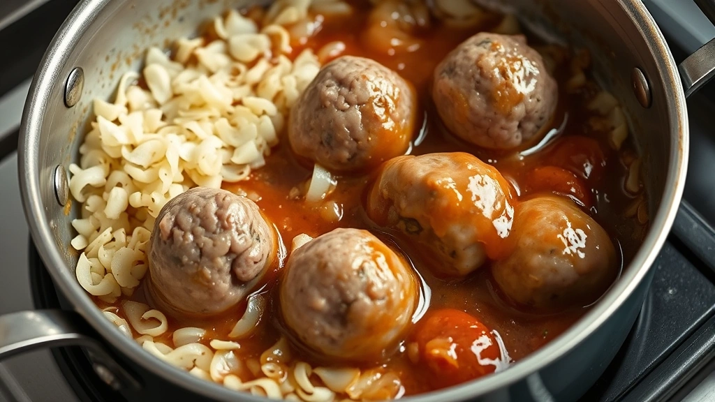 process: caramelized onions and garlic in a skillet with frozen meatballs being added, showing the sauce building stage, photorealistic, natural light from above, no text