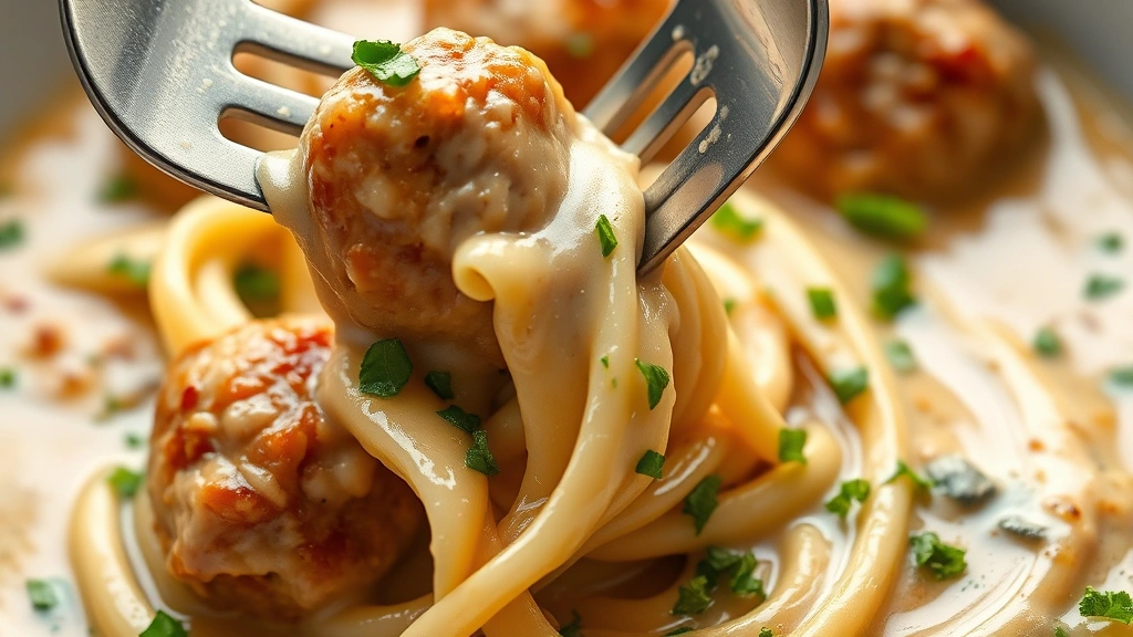 detail: close-up of a fork twirling meatball and noodles in creamy sauce, showing the glossy texture and herb garnish, photorealistic, soft natural light, no text