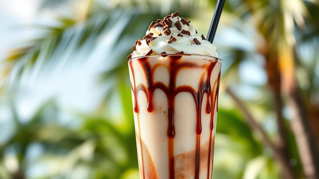 hero: tall glass filled with frozen mudslide cocktail topped with whipped cream and chocolate shavings, chocolate syrup drizzled down the sides, condensation on glass, tropical background, photorealistic, natural daylight, no text