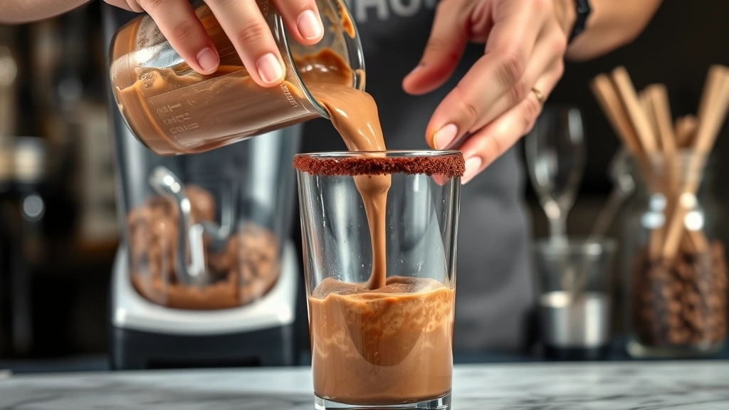 process: hands pouring blended mudslide mixture into glass with chocolate-rimmed edge, blender in background, bar tools visible, photorealistic, bright natural light, no text