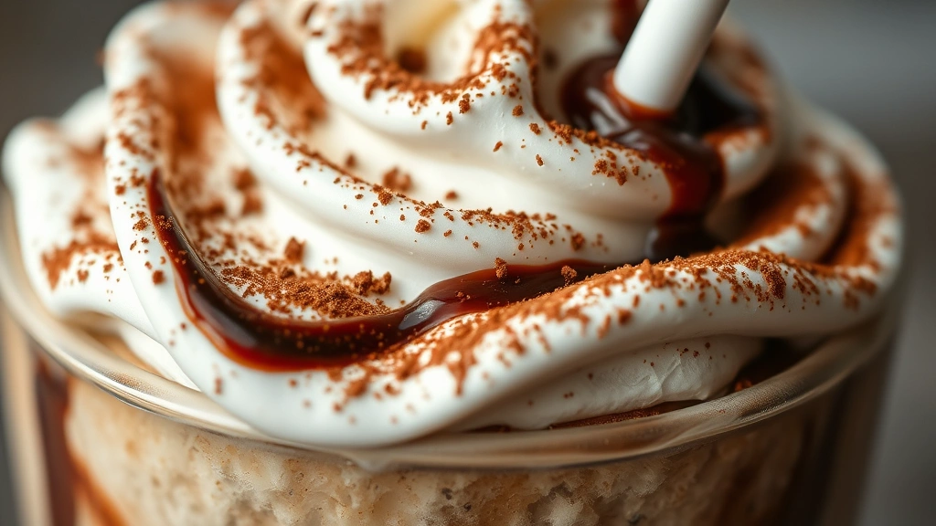 detail: close-up of frozen mudslide texture with whipped cream, cocoa powder dusting, chocolate syrup swirl, straw inserted, photorealistic, macro photography, natural light, no text