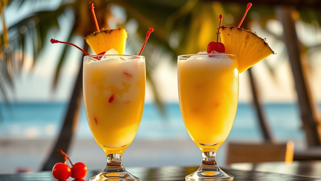 hero: two frozen piña colada cocktails in hurricane glasses with pineapple wedges and cherries, tropical setting, golden hour lighting, condensation on glass, no text