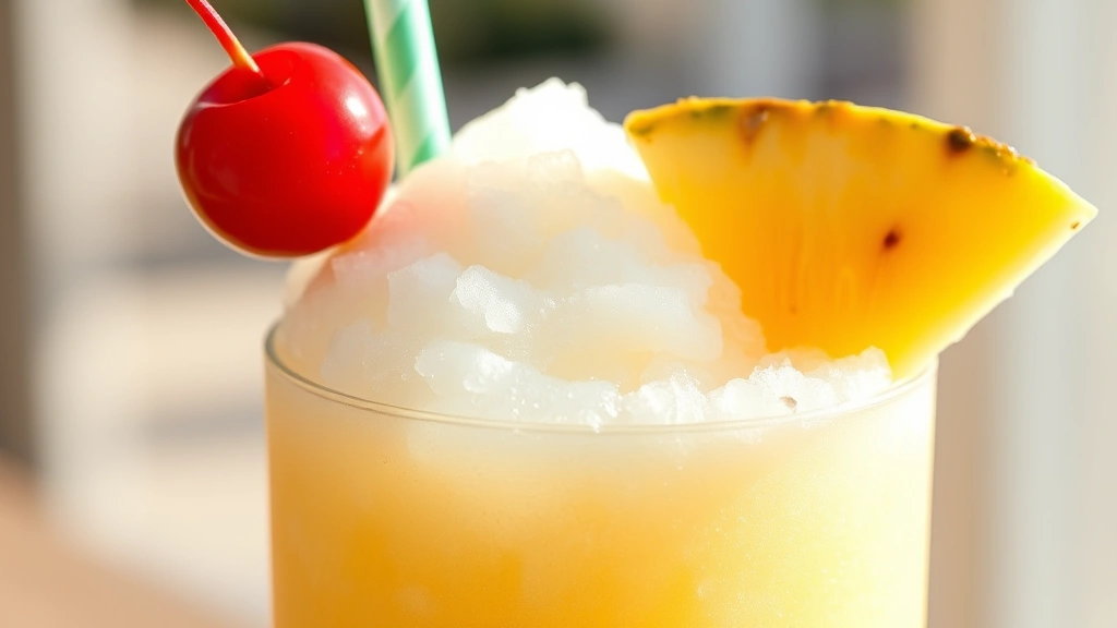 detail: close-up of frozen piña colada with frothy top, pineapple wedge garnish, cherry, tropical straw, shallow depth of field, natural sunlight, no text