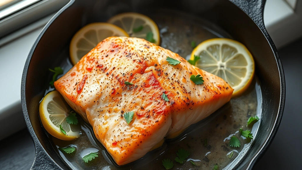 hero: golden-brown frozen salmon fillet seared in cast iron skillet with lemon slices and fresh parsley, steam rising, natural window light, top-down angle, no text