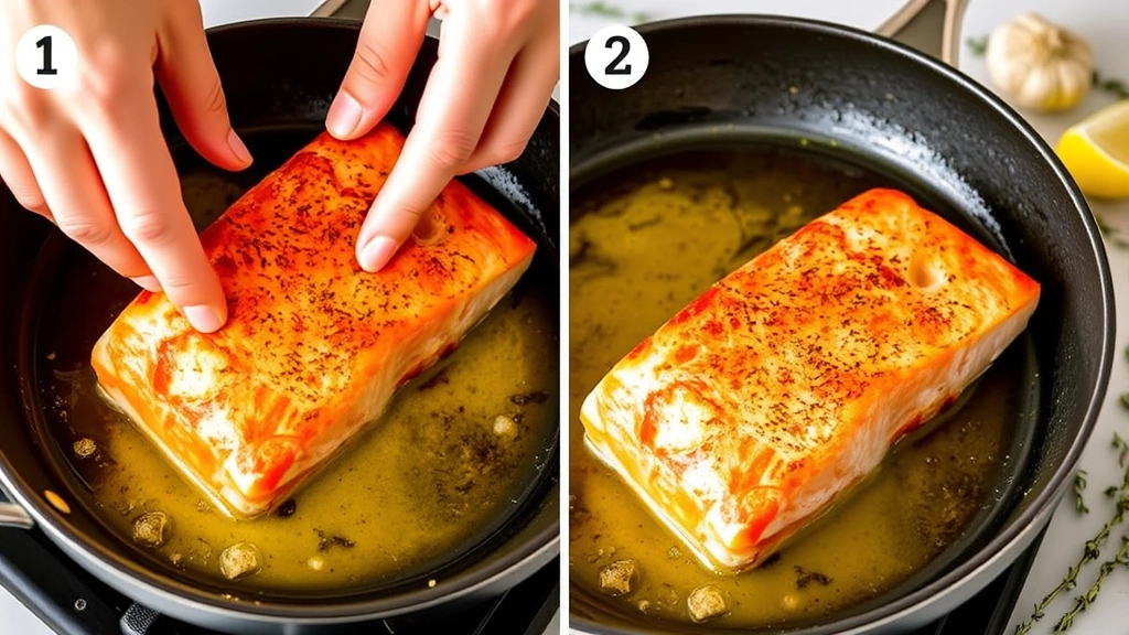 process: hands flipping seared salmon fillet in hot buttery skillet, golden crust visible, garlic and thyme scattered around, natural kitchen lighting, side angle, no text