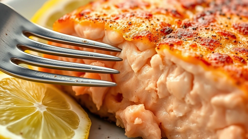 detail: close-up of perfectly cooked salmon cross-section showing moist flaky interior with golden seared exterior, lemon wedge beside, fork flaking salmon, natural light macro photography, no text