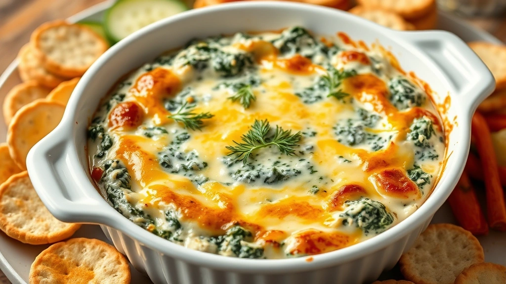 hero: Creamy spinach dip in white ceramic baking dish, golden top with melted cheese, fresh dill garnish, surrounding vegetables and crackers partially visible, warm oven lighting, rustic wooden table, no text