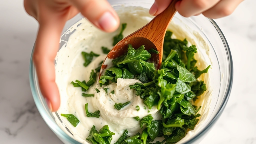process: Hands folding bright green spinach into creamy mixture with wooden spoon in glass bowl, cream cheese visible, bright kitchen lighting, close perspective showing texture and motion, no text