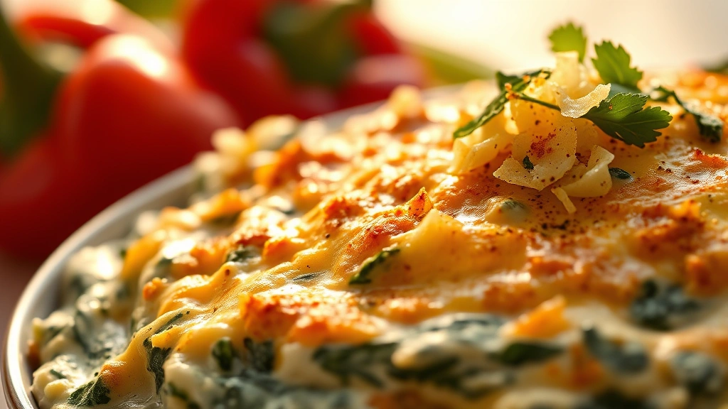 detail: Close-up of golden-topped spinach dip with visible herbs and melted cheese bubbling slightly, crispy parmesan top layer, fresh vegetables like red bell pepper and celery blurred in background, warm golden hour lighting, no text