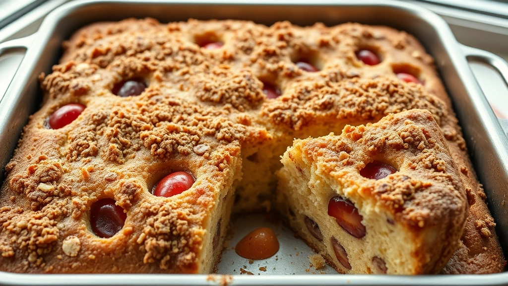 hero: golden-brown fruit cocktail cake with cinnamon streusel topping in a 9x13 baking pan, freshly baked, photorealistic, natural window light, close-up of a slice with visible fruit pieces