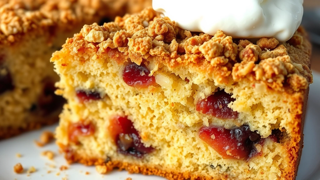 detail: close-up cross-section of sliced cake showing moist crumb and fruit pieces, with streusel topping visible, vanilla ice cream dollop melting on top, photorealistic, warm natural lighting
